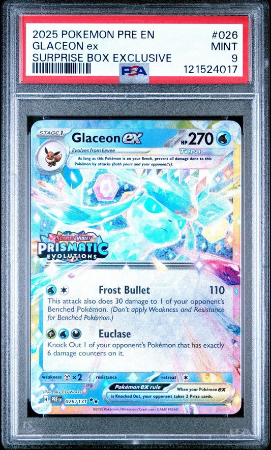 2025 POKEMON PRE EN-PRISMATIC EVOLUTIONS 026 GLACEON EX SCATOLA SORPRESA PSA 9-